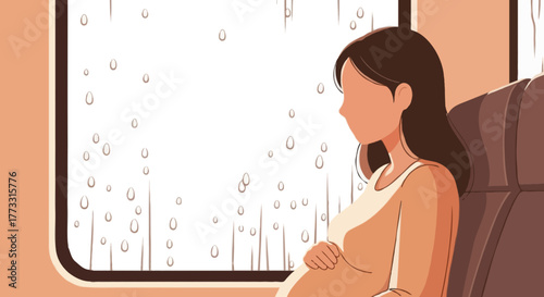 Flat  illustration of a pregnant woman looking outside a rainy train window, raindrops visible on glass
