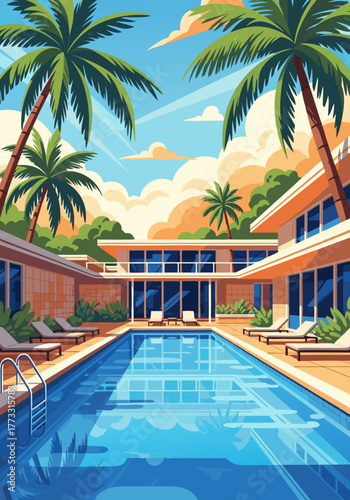 Luxurious Modern Villa with a Refreshing Swimming Pool Surrounded by Lush Tropical Palm Trees Under a Sunny Sky