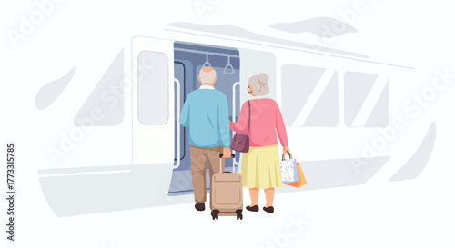 Flat illustration of elderly couple entering the train carrying small luggage and shopping bags, dressed neatly