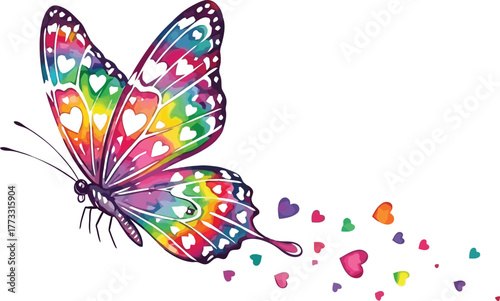 Watercolor butterfly with rainbow colors and heart patterns flying on white background