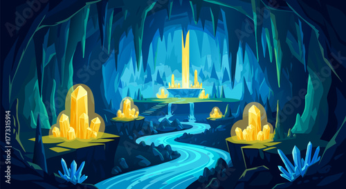 Enchanting fantasy landscape of a mysterious underground grotto with glowing crystals and a subterranean river