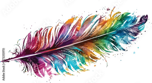 Colorful feather painted with watercolor on a white background in vibrant style