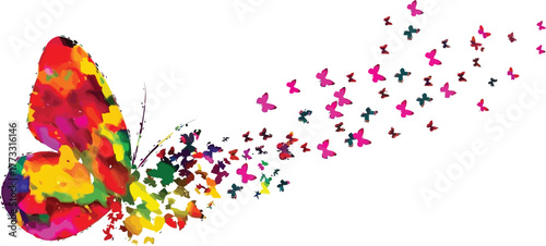 Colorful butterfly with smaller butterflies flying away on a white background art