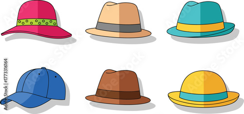 Hat illustration, fedora styles, baseball cap, colorful headwear, fashion accessories, vector art, stylish hats, design variety, top view, clipart