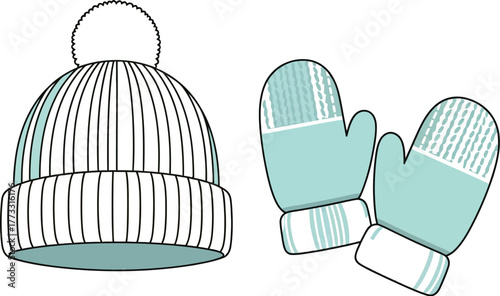 Winter hat and mittens set in light blue and cream on a white background
