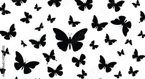 Black butterfly silhouettes scattered on a white background create a pattern