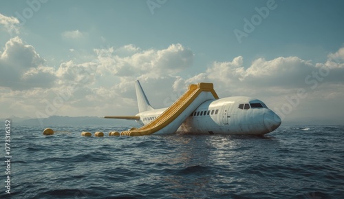 Wallpaper Mural An airplane floats in the ocean after an emergency landing, with an evacuation slide deployed for passengers to escape. Torontodigital.ca