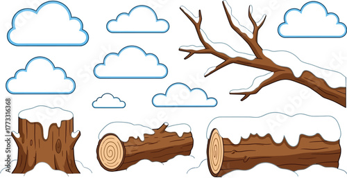 Cartoon winter scene with snow covered logs tree branch stump and fluffy clouds