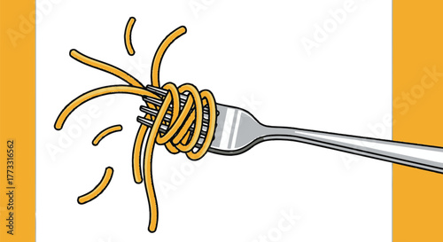 Cartoon illustration of spaghetti wrapped around a fork on a blue background