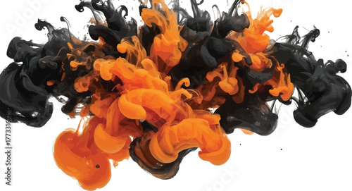 Abstract orange and black ink swirling in water creating a dynamic design art
