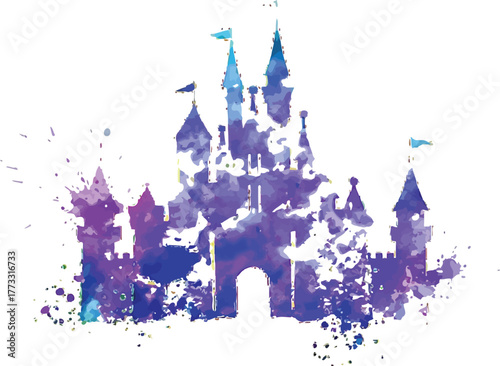 Watercolor castle silhouette in shades of purple and blue on a white background