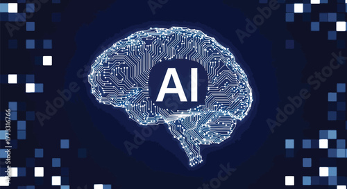 Artificial intelligence brain circuit board design on a dark blue background
