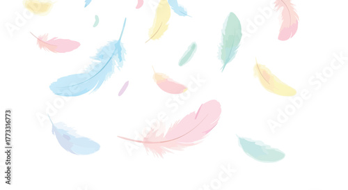 Pastel feathers gently falling on a white background creating a soft dreamy scene