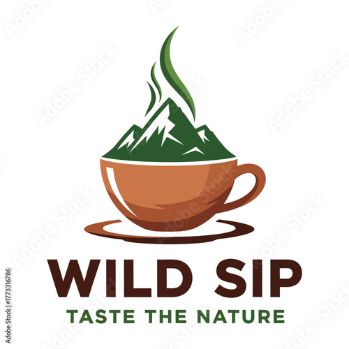Wild sip logo design featuring a cup of coffee with mountain and steam isolated on white background