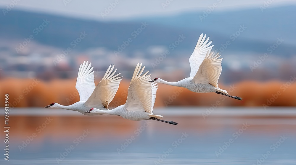 Obraz premium Three White Cranes In Flight Over A Calm Lake With Soft Orange Trees And Hills In The Background During A Cloudy Day