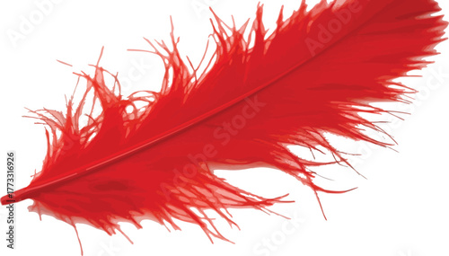 Vibrant red feather lying delicately against a clean white background surface