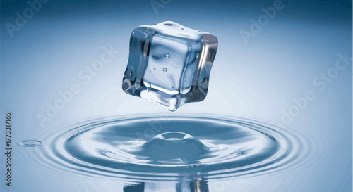 Ice cube suspended above water surface creating ripples in a cool blue tone
