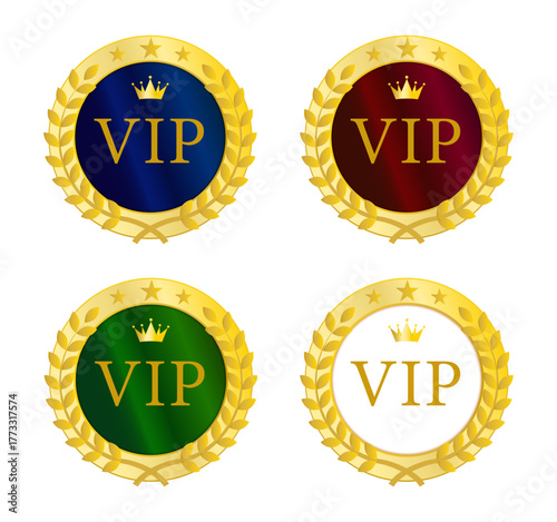 ゴールドリースで囲んだ青・赤・緑・白のVIPメダルアイコンセット（高級感ある会員証デザイン素材）