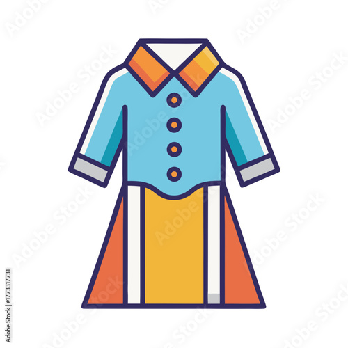 Stylized illustration of a blue and orange dress with a collared neckline and button details