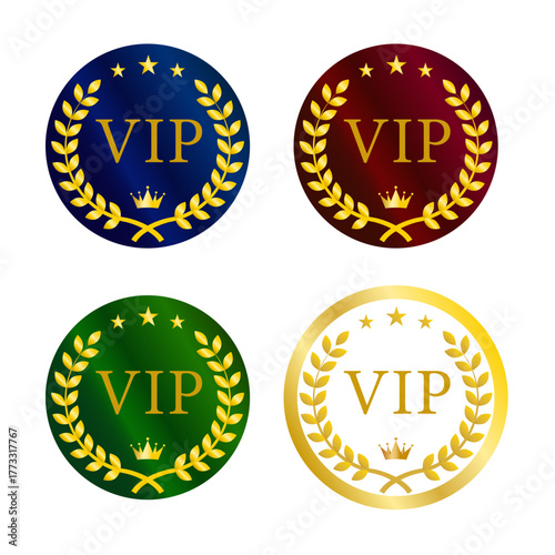 ゴールドの月桂冠と星を配したVIPバッジコレクション（青・赤・緑・白の4色メダル）