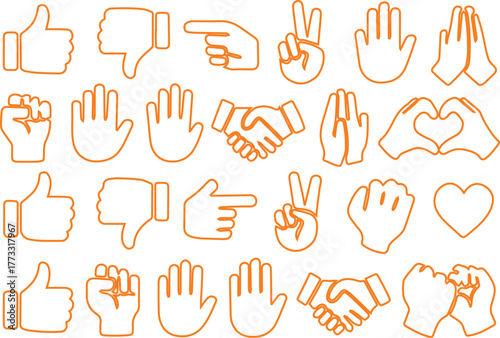 Hand Gesture Line Icon Set – Thumbs Up, Peace Sign, High Five, Fist Bump, Rock On, Heart Shape, Thin Linear Vector Illustration