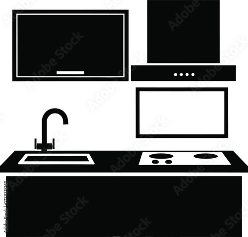 Modern kitchen silhouette with sink stove and hood