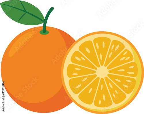 Cartoon Orange Fruit with Leaf and Half Slice, Healthy Citrus Vegetarian Food Concept