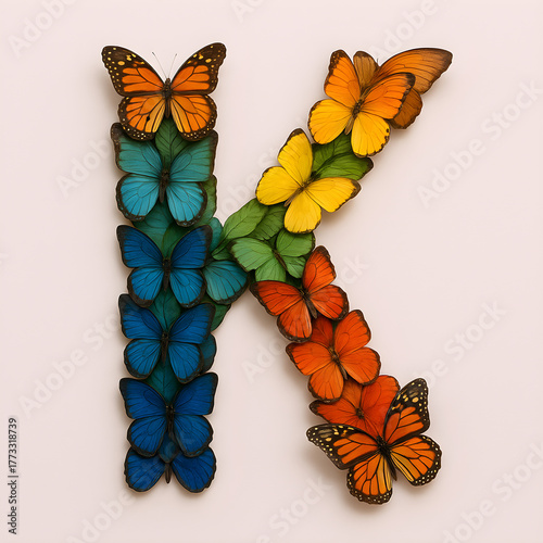 The letter K made out of colorful butterflies