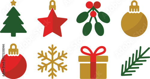 Christmas Icons Set Tree, Star, Mistletoe, Ornaments, Snowflake, Gift Box, and Pine Branch
