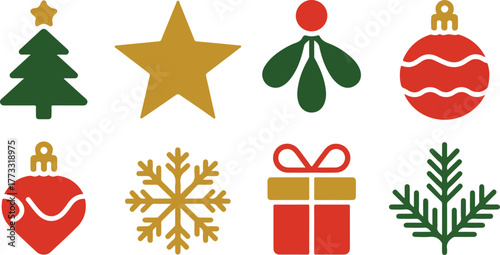Christmas Icons Tree, Star, Mistletoe, Ornaments, Snowflake, Gift Box, Evergreen Branch Design