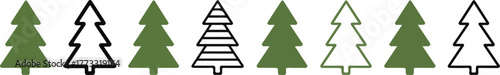 Collection of Cartoon Christmas Tree Icons Green Filled, Outlined, and Striped on a White Background