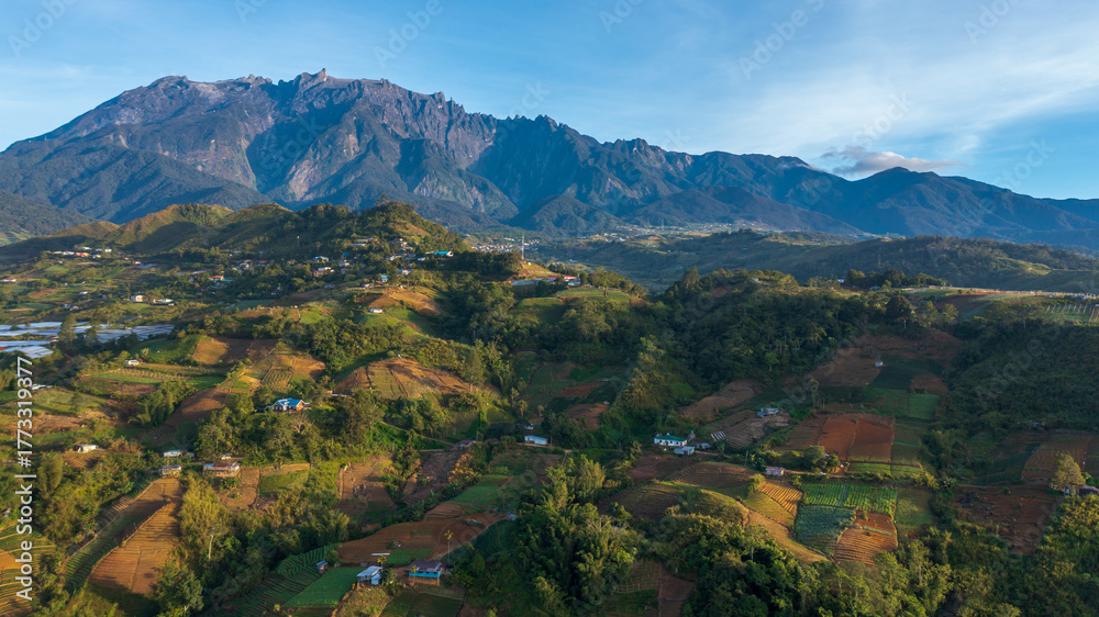 Fototapeta premium Aerial drone image of the greatest Mount Kinabalu of Sabah, Borneo during Sunrise.