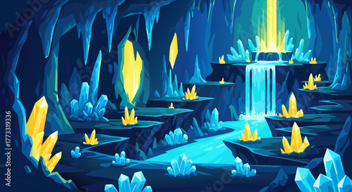 Enchanting Underground Cave System Illuminated by Glowing Crystals and Cascading Waterfalls