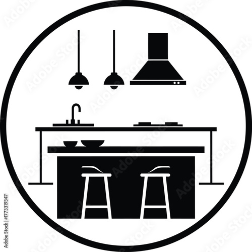 Modern kitchen island with stools and pendant lights icon