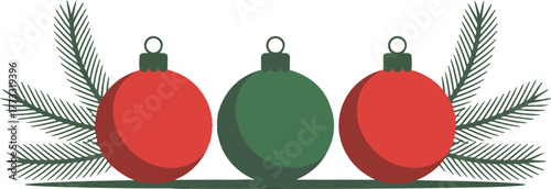Festive Christmas Ornament Still Life Red and Green Baubles with Evergreen Branches Illustration