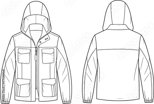 Hooded jacket flat sketch, front and back view, vector fashion template, utility outerwear design, garment construction drawing, apparel illustration