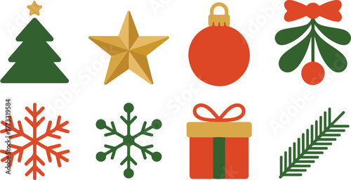 Flat Christmas Holiday Icons Tree, Star, Ornament, Mistletoe, Snowflake, Gift, Branch