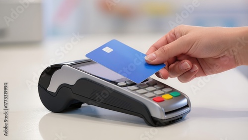 Checkout retail. Hand makes a contactless purchase with a blue card on a payment terminal.