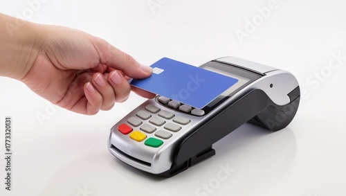 Checkout retail. Woman's hand uses a blue card on a pos terminal for payment, isolated on white.
