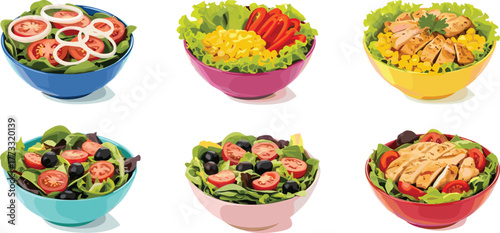 Salad bowl illustration, healthy food, vegetable mix, grilled chicken, cherry tomatoes, leafy greens, colorful meal, vector art, nutrition, freshness