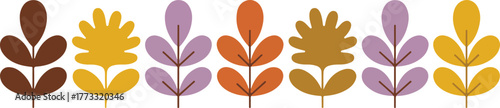 Retro Botanical Leaf Pattern Brown, Yellow, Lilac, and Orange on White Background