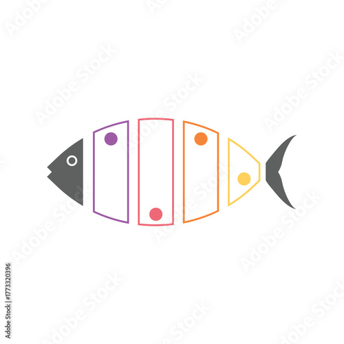 Simple orange fish infographic vector showing segmented body with dots, great for process visualization and education templates.