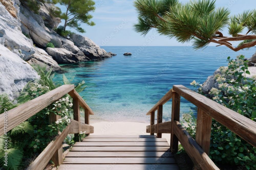 Fototapeta premium Wooden stairs leading to a secluded beach cove