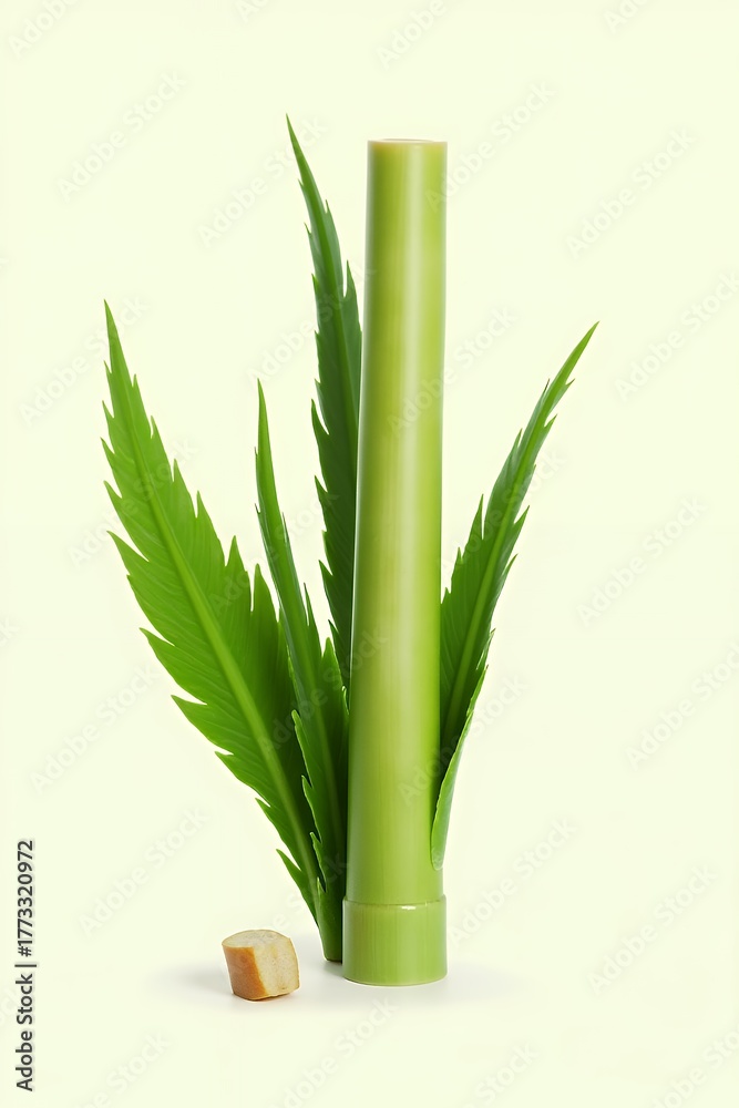 Obraz premium Green cylindrical object with cannabis leaves and a small wooden cube.