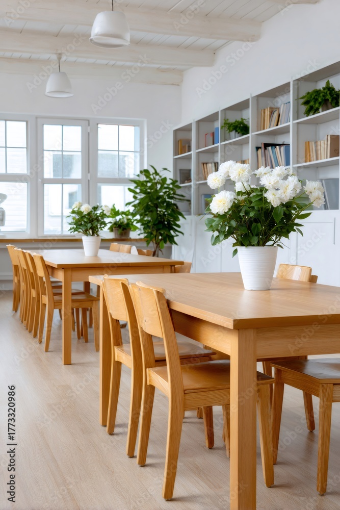 Fototapeta premium Scandinavian style dining library with light wood furniture