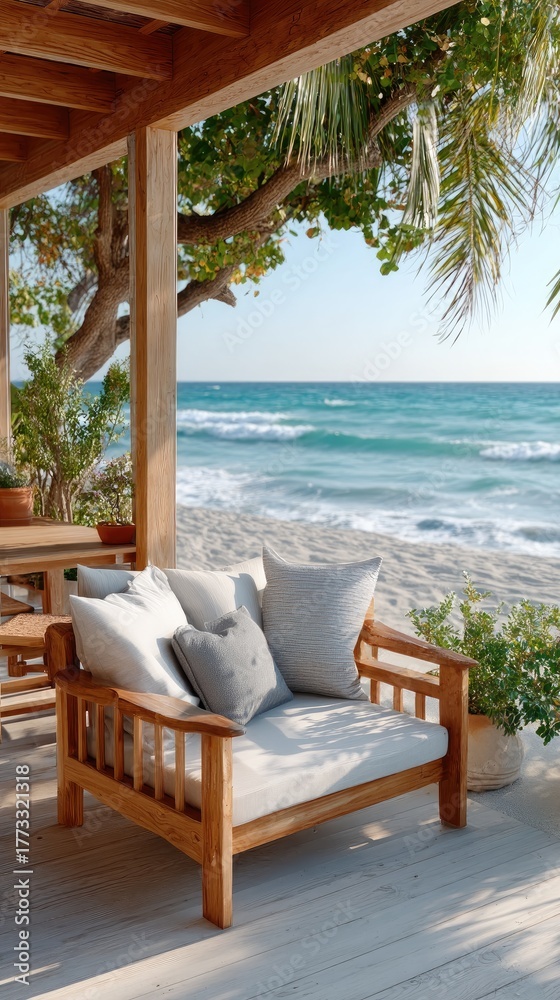 Obraz premium Minimalist Wooden Beach Chair With Cushions Facing Turquoise Ocean Waves Under A Clear Blue Sky On A Sandy Shore With Lush Greenery Providing Shade On A Sunny Day