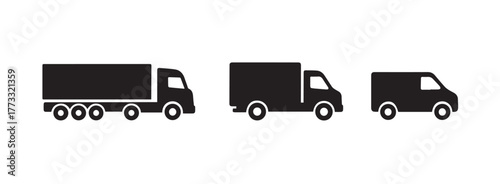 Black silhouette icons of a semi-truck, delivery truck, and cargo van - illustrating fleet and logistics transportation.