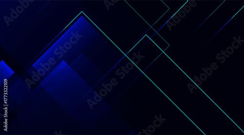 Deep blue and teal geometric shapes create a dynamic abstract design with angled lines and layered rectangular patterns on a gradient-rich, visually striking background