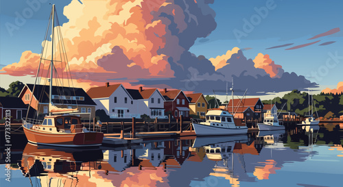 Coastal Village Harbor Scene at Sunset with Boats and Houses Reflected in Calm Water