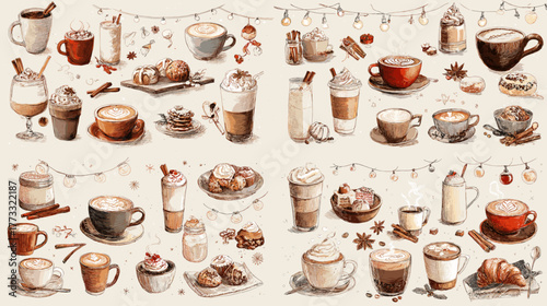 Cozy coffee illustration set featuring cups, mugs, and desserts in warm tones, perfect for cafe, menu, or beverage design themes.